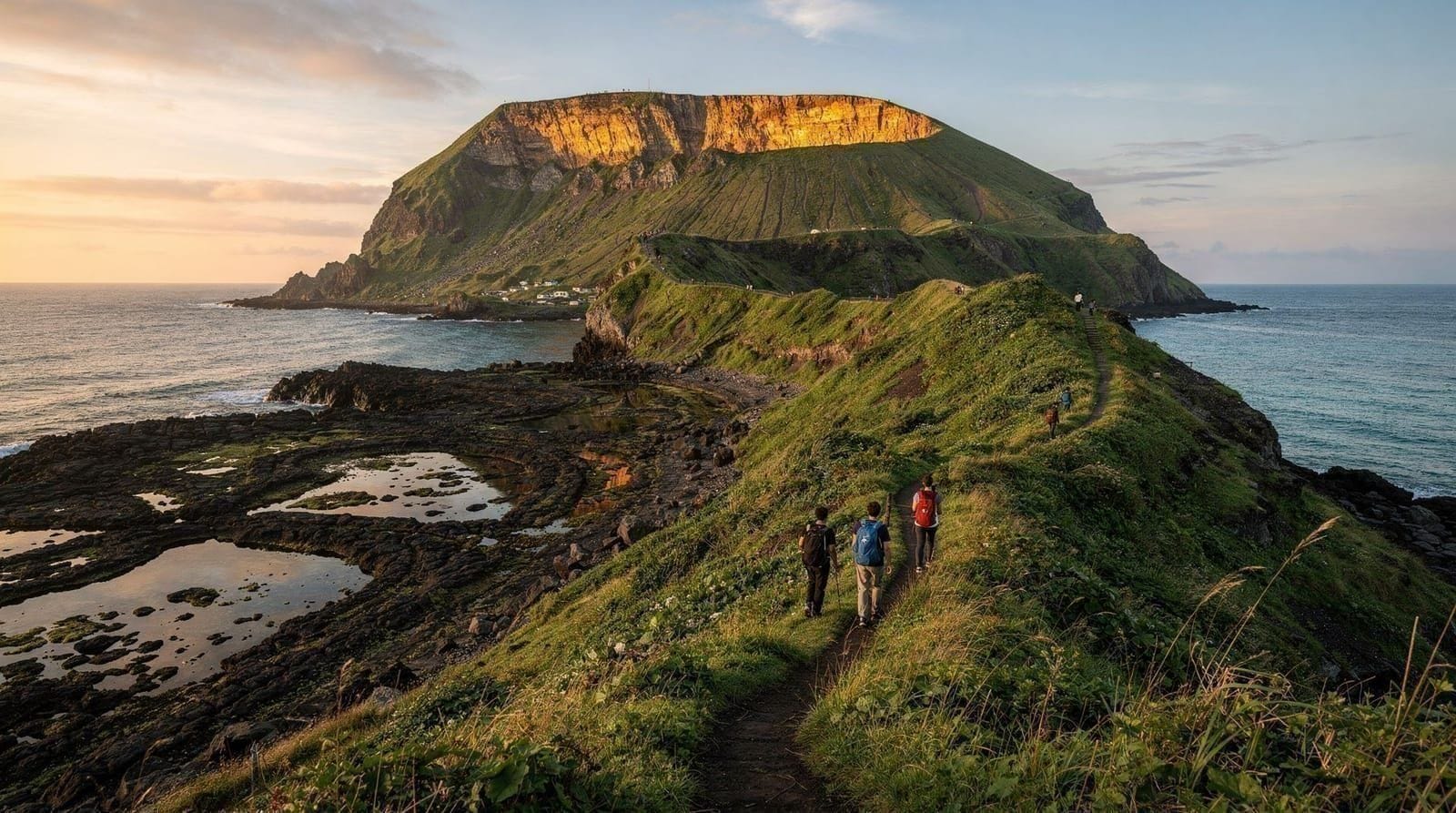 El pico volcánico del Hallasan sobre la costa de Jeju a la hora dorada